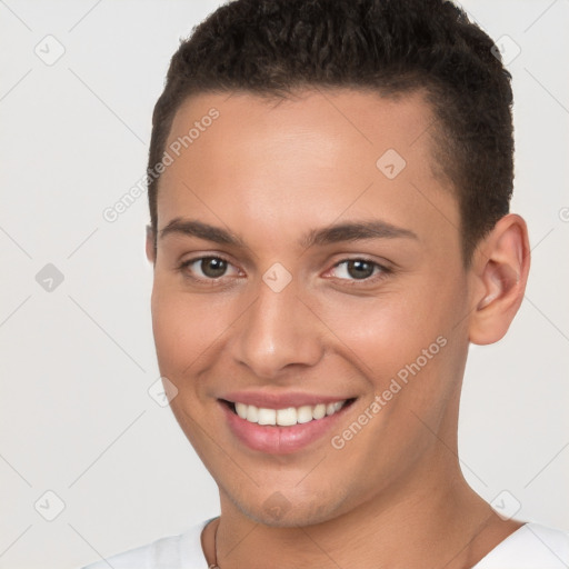 Joyful white young-adult female with short  brown hair and brown eyes