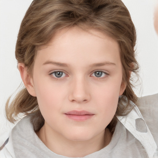 Neutral white child female with medium  brown hair and grey eyes