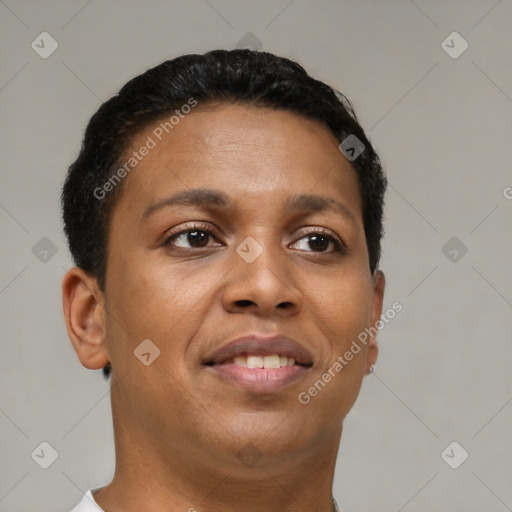 Joyful black young-adult female with short  brown hair and brown eyes