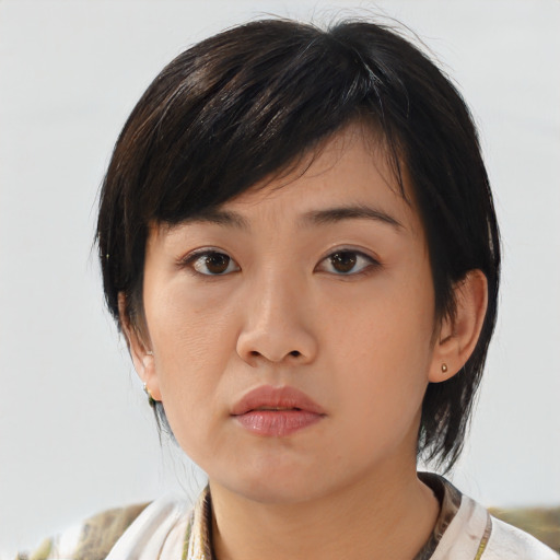 Neutral asian young-adult female with medium  brown hair and brown eyes