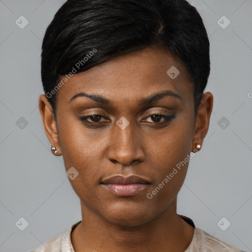 Neutral black young-adult female with short  black hair and brown eyes