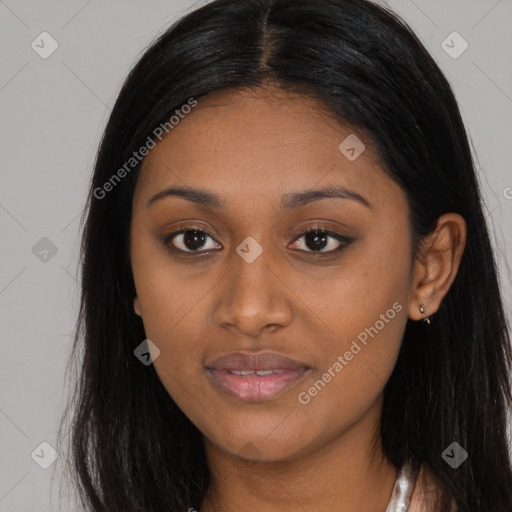 Joyful asian young-adult female with long  brown hair and brown eyes