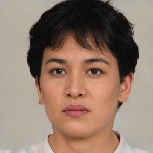 Neutral asian young-adult female with short  brown hair and brown eyes