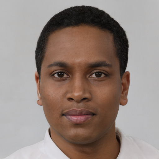 Neutral black young-adult male with short  black hair and brown eyes