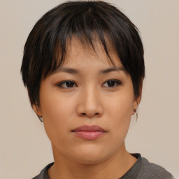 Neutral asian young-adult female with medium  brown hair and brown eyes