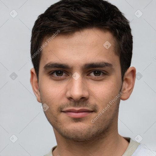 Neutral white young-adult male with short  brown hair and brown eyes