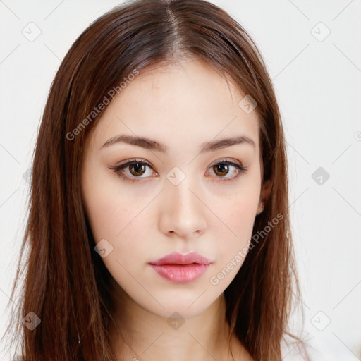 Neutral white young-adult female with long  brown hair and brown eyes