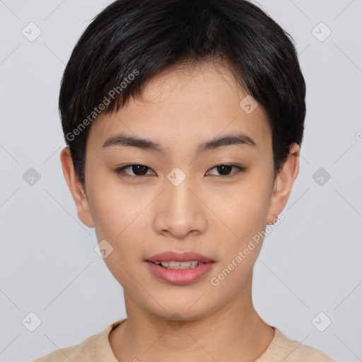 Joyful asian young-adult female with short  brown hair and brown eyes