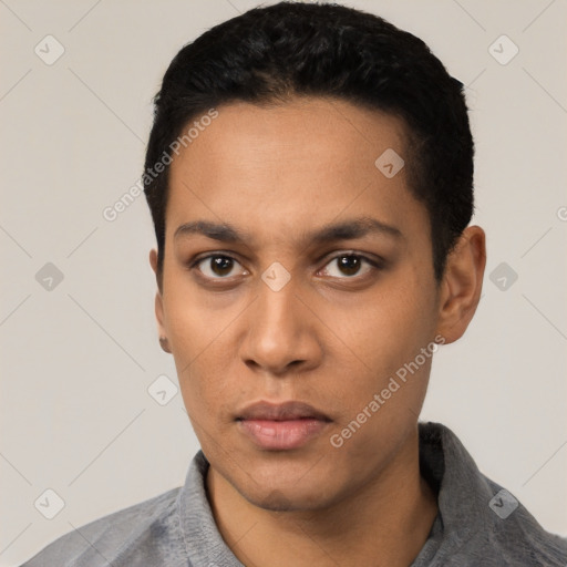 Neutral latino young-adult male with short  black hair and brown eyes