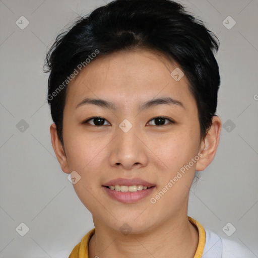 Joyful asian young-adult female with short  black hair and brown eyes