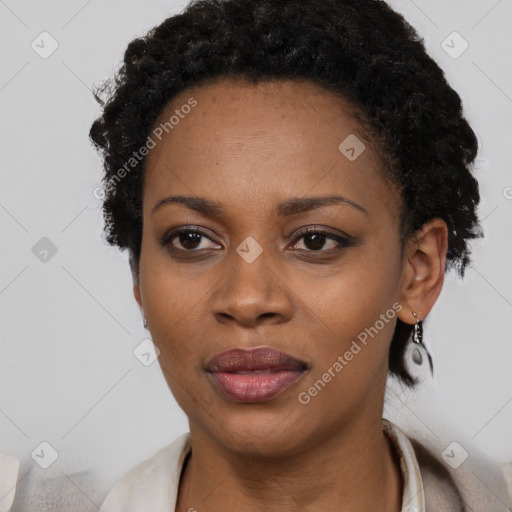 Neutral black young-adult female with short  black hair and brown eyes