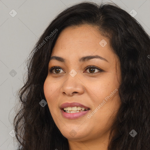 Joyful white young-adult female with long  brown hair and brown eyes