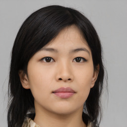 Neutral asian young-adult female with medium  black hair and brown eyes