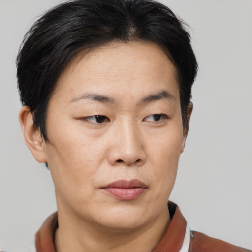 Neutral asian adult female with short  brown hair and brown eyes