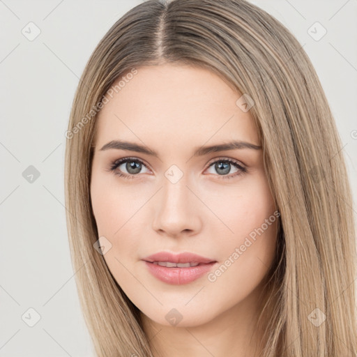 Neutral white young-adult female with long  brown hair and brown eyes