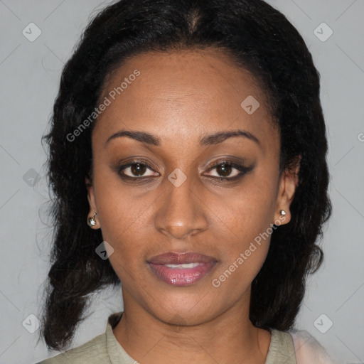 Joyful latino young-adult female with medium  brown hair and brown eyes