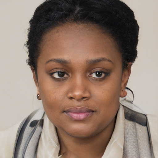 Joyful black young-adult female with short  brown hair and brown eyes