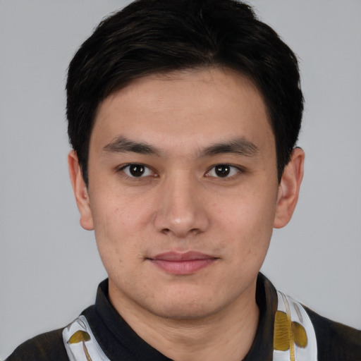 Neutral asian young-adult male with short  black hair and brown eyes