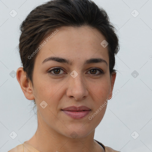 Joyful white young-adult female with short  brown hair and brown eyes