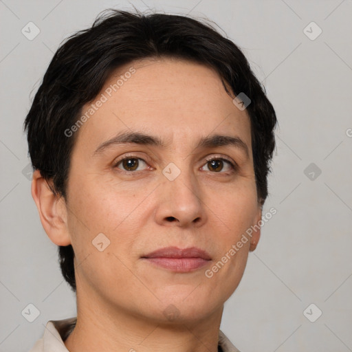 Neutral white adult female with short  brown hair and brown eyes