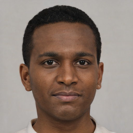 Neutral black young-adult male with short  black hair and brown eyes