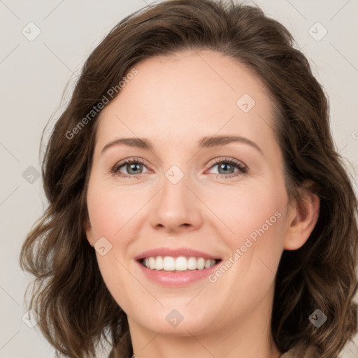 Joyful white young-adult female with medium  brown hair and green eyes