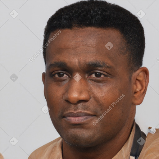 Neutral black young-adult male with short  black hair and brown eyes