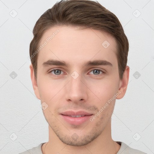 Neutral white young-adult male with short  brown hair and brown eyes