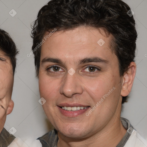 Joyful white young-adult male with medium  brown hair and brown eyes