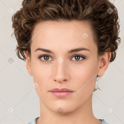 Neutral white young-adult female with short  brown hair and brown eyes