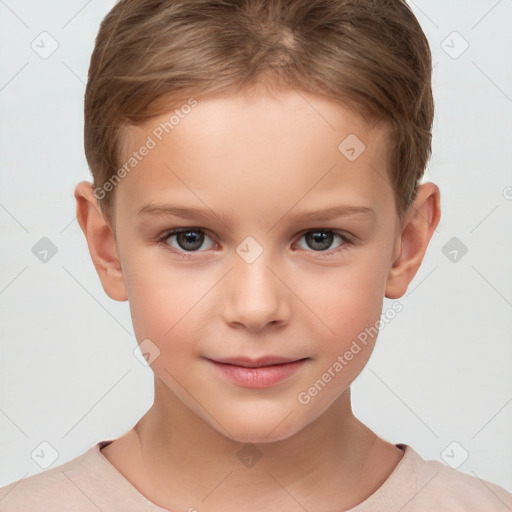 Joyful white child female with short  brown hair and brown eyes