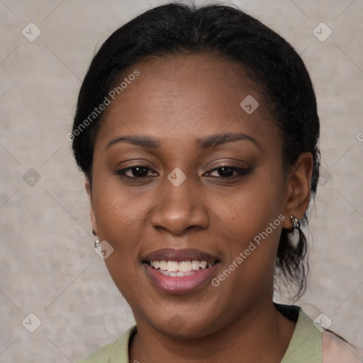 Joyful latino young-adult female with short  black hair and brown eyes