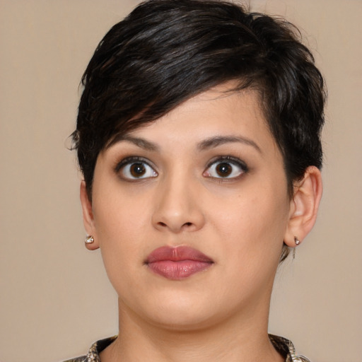 Neutral white young-adult female with medium  brown hair and brown eyes
