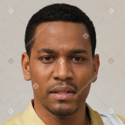 Neutral latino young-adult male with short  black hair and brown eyes