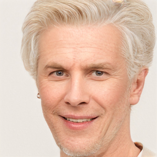 Joyful white middle-aged male with short  blond hair and brown eyes