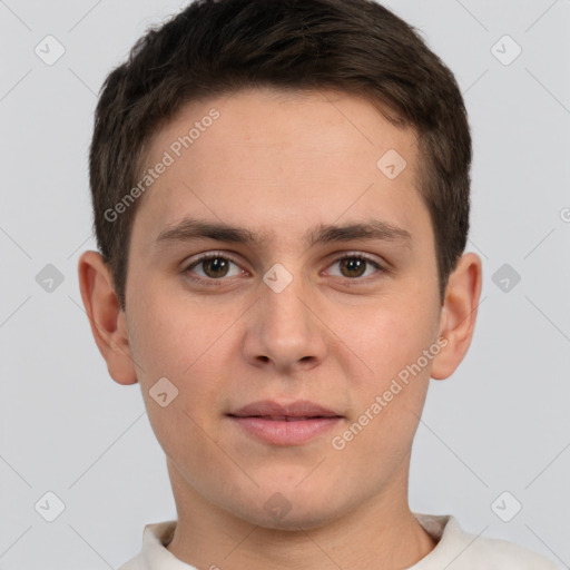 Neutral white young-adult male with short  brown hair and brown eyes