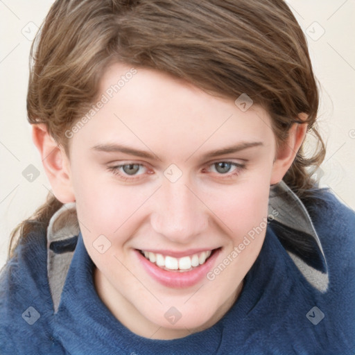 Joyful white young-adult female with medium  brown hair and blue eyes