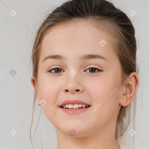 Joyful white child female with medium  brown hair and brown eyes