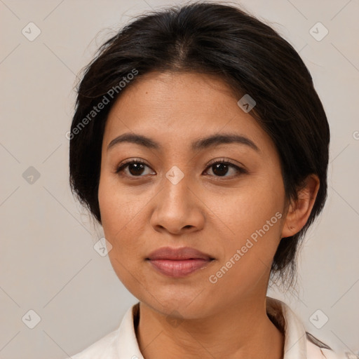 Neutral asian adult female with medium  brown hair and brown eyes