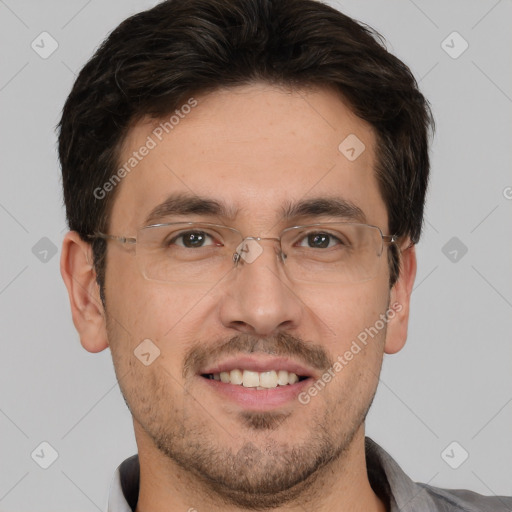 Joyful white adult male with short  brown hair and brown eyes