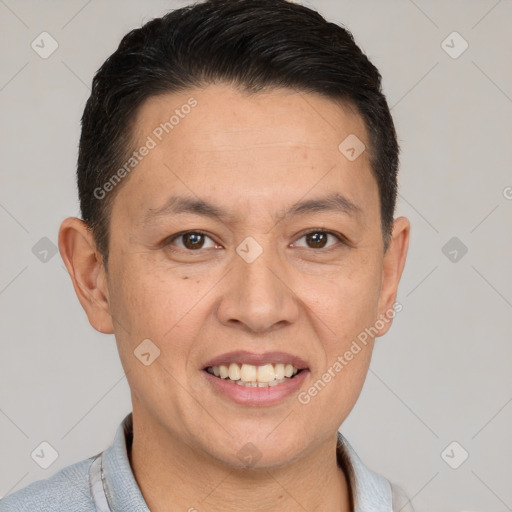 Joyful white adult male with short  brown hair and brown eyes