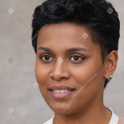 Joyful black young-adult female with short  black hair and brown eyes