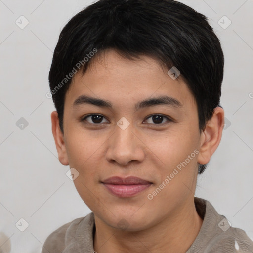 Joyful asian young-adult female with short  brown hair and brown eyes