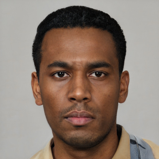 Neutral black young-adult male with short  black hair and brown eyes