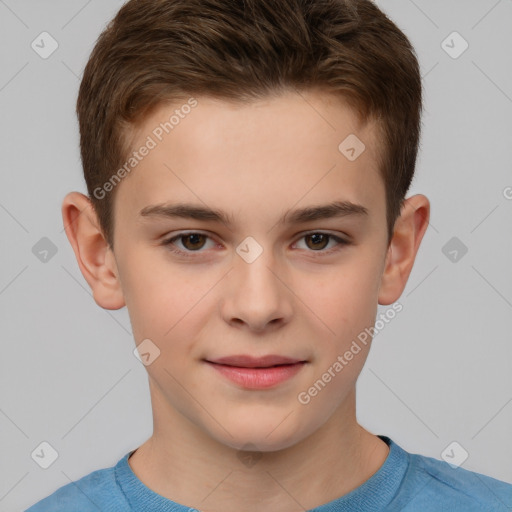 Joyful white child male with short  brown hair and brown eyes