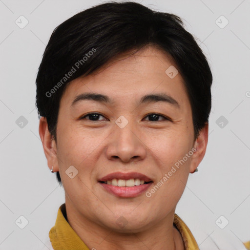 Joyful asian young-adult female with short  brown hair and brown eyes