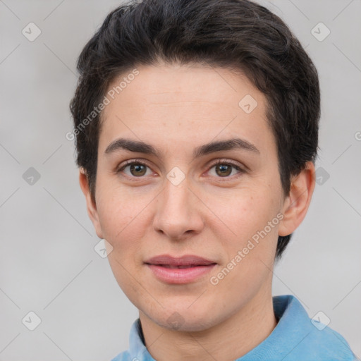 Joyful white adult female with short  brown hair and brown eyes