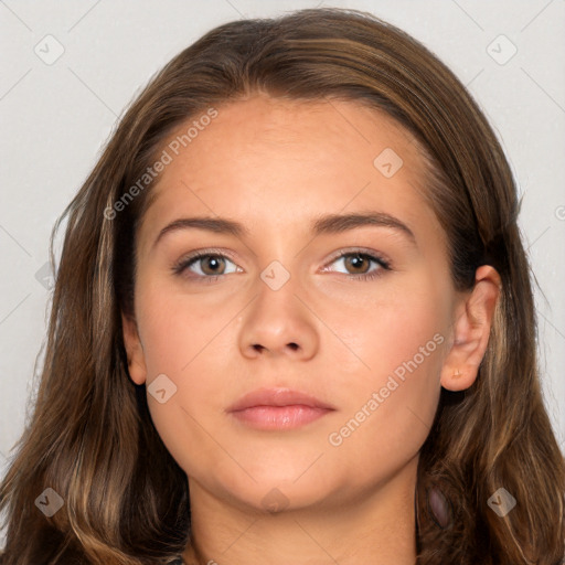 Neutral white young-adult female with long  brown hair and brown eyes