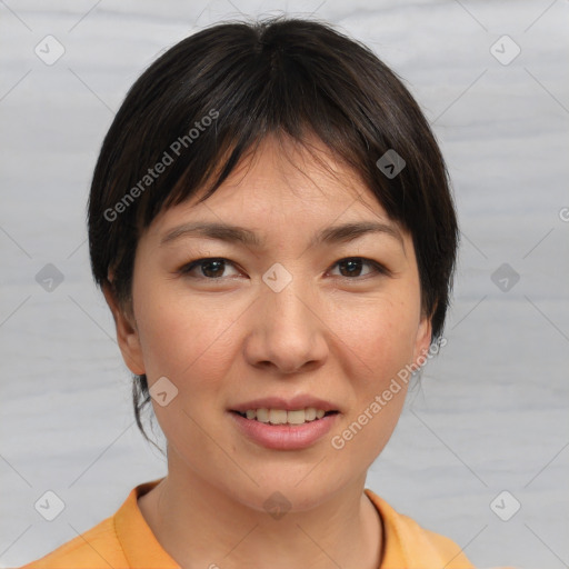 Joyful white young-adult female with medium  brown hair and brown eyes