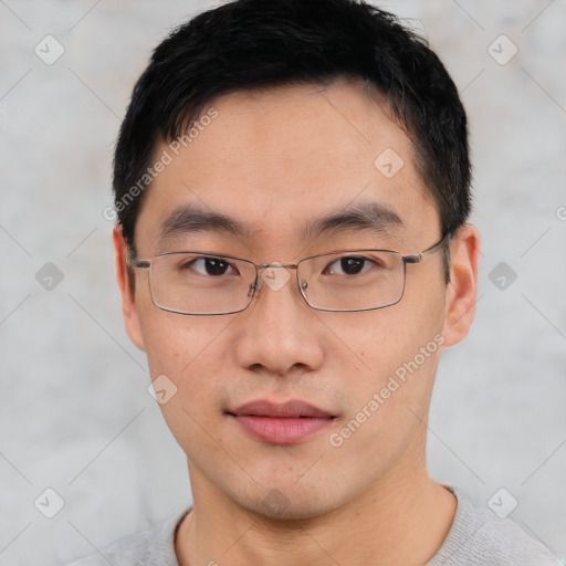 Neutral asian young-adult male with short  black hair and brown eyes